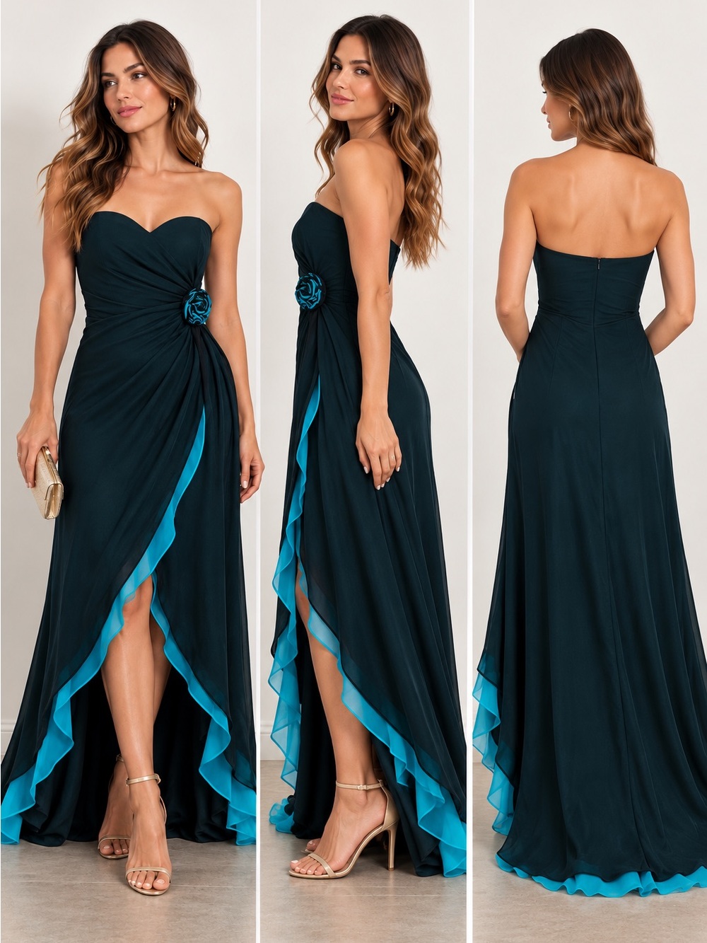 Caché 100% Silk Strapless Teal & Black Formal Gown – Size 6